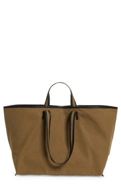 Kassl Large Contrast Trim Canvas Tote In Khaki / Oil Black 0174