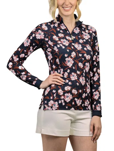 Kastel Denmark 1/4 Zip Long Sleeve Sun Shirt In Navy Peonies In Blue