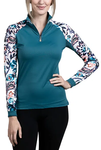 Kastel Denmark 1/4 Zip Raglan Long Sleeve Tee In Teal Ikat Paisley In Blue