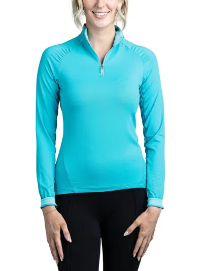 Kastel Denmark Long Sleeve Shirred Shoulder 1/4 Zip Top In Turquoise In Blue