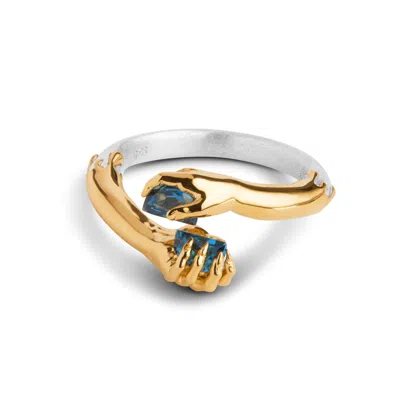 Kasun Women's Blue / Silver / Gold Together Ring – Silver And Gold Plated & Blue Topaz In Multi