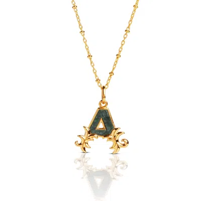 Kasun Women's Gold Plated A Initial Necklace With Green Marble