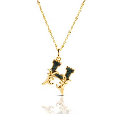 Kasun Women's Gold Plated H Initial Necklace With Green Marble