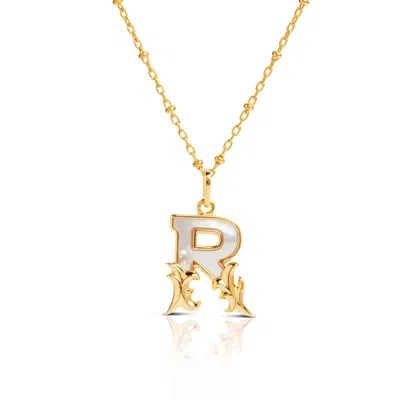 Kasun Women's Gold Plated R Initial Necklace With Mother Of Pearl