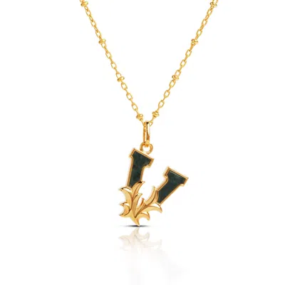 Kasun Women's Gold Plated V Initial Necklace With Green Marble
