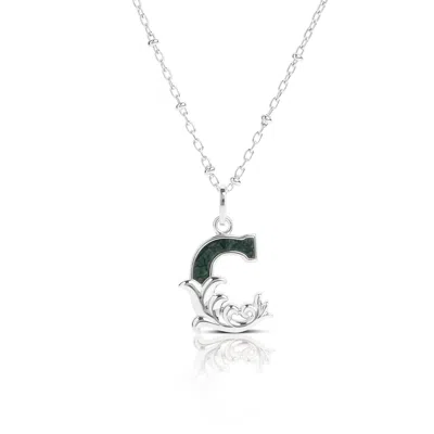Kasun Women's Solid Silver C Initial Necklace With Green Marble