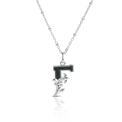Kasun Women's Solid Silver F Initial Necklace With Green Marble