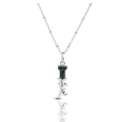 Kasun Women's Solid Silver I Initial Necklace With Green Marble