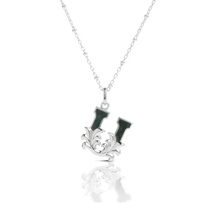 Kasun Women's Solid Silver U Initial Necklace With Green Marble