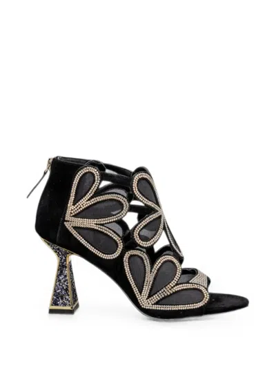 Kat Maconie Crystal-embellished Floral-patch Sandals In Black