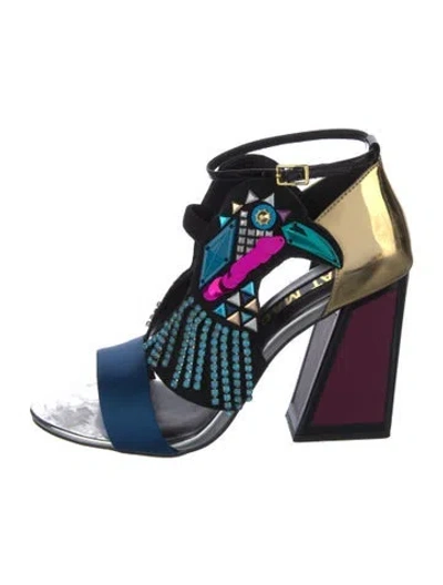 Pre-owned Kat Maconie Leather Patterned T-strap Sandals In Black