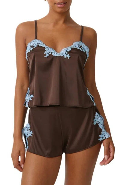 Kat The Label Cinderella Lace Trim Stretch Satin Camisole In Brown