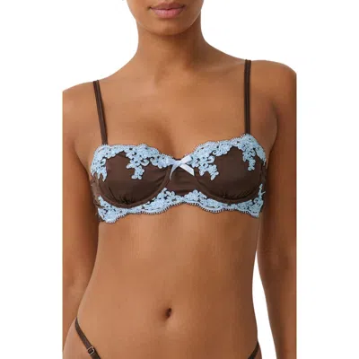 Kat The Label Cinderella Lace Trim Underwire Strapless Satin Bra In Brown
