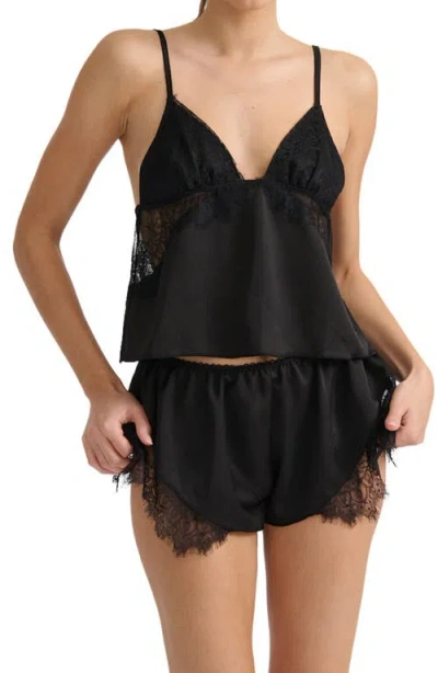 Kat The Label Darcy Lace Trim Satin Tap Shorts In Black