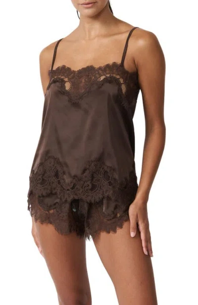 Kat The Label Olivia Lace Trim Satin Camisole In Brown