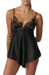 Kat The Label Ray Lace Trim Satin Teddy In Black