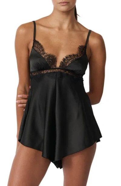 Kat The Label Ray Lace Trim Satin Teddy In Black