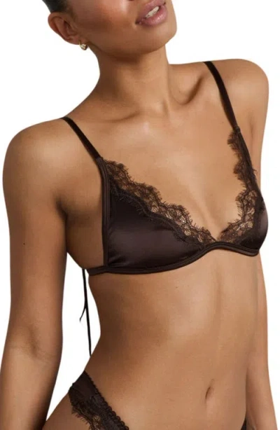 Kat The Label Sorrento Eyelash Lace Trim Satin Bralette In Brown