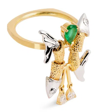 Katarina Tarazi Mixed Gold, Diamond And Emerald Râ Pisces Ring (size 53) In Multi