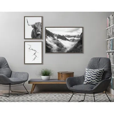 Kate And Laurel Bw Highland Cow No. 1 , Mountains, And Inca Trail Black And White Framed Canvas Wall Art Set In Black;gray