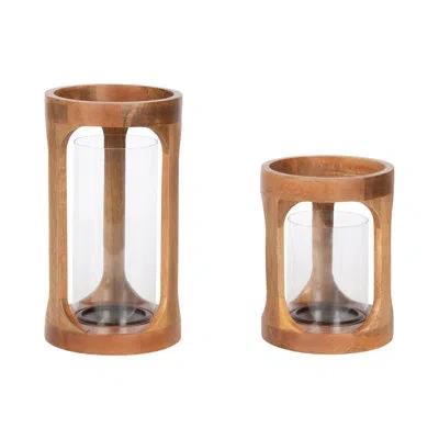 Kate And Laurel Dahl Two-piece Mango Wood Candle Holder Set In Tan