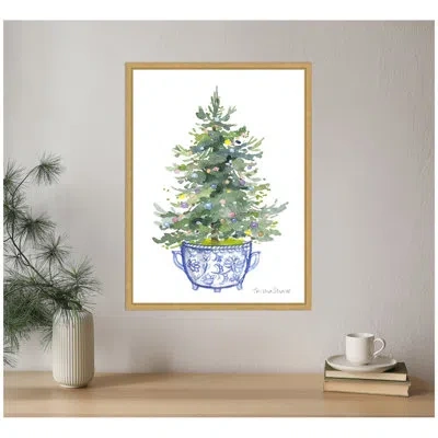 Kate And Laurel Traditional Christmas Tree In Blue Chinoiserie Pot By Patricia Shaw Framed Canvas Wall Art Print In Bright Gold