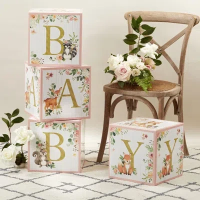 Kate Aspen 4 Pieces Woodland Baby Block Box In Pink
