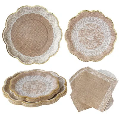 Kate Aspen Burlap & Lace Party Decorations 62 Piece Party Tableware Set, Rustic Charm Bridal Showers And Weddin