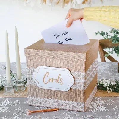 Kate Aspen Rustic Burlap & Lace Gift / Wedding Card Box, Money Box, Farmhouse Wedding Decorations For Reception In Brown