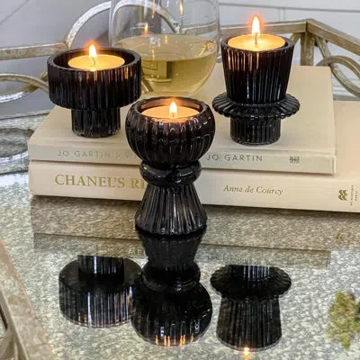Kate Aspen Vintage Ribbed Rose Gold Glass Candlestick & Votive Candle Holders (6pcs Assorted Sizes) In Black