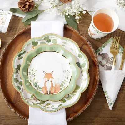 Kate Aspen Woodland Baby Shower Decorations; 78-piece Disposable Party Plates; Cups & Napkins Set For 16 Guests