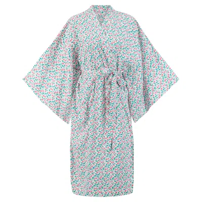 Kate Austin Designs Women's Blue / White / Pink Lena Organic Cotton Lounge Kimono Robe With Obi Belt Tie And Hidden Slee In Gray