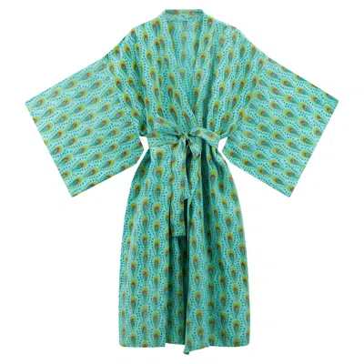 Kate Austin Designs Women's Green / Blue Maxi Lena Organic Linen Long Lounge Kimono Robe With Obi Belt Tie And Hidden Sl In Green/blue