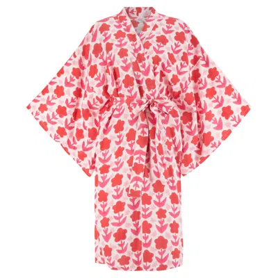 Kate Austin Designs Women's Pink / Purple / White Lena Organic Cotton Lounge Kimono Robe With Obi Belt Tie And Hidden Sl