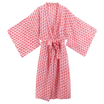Kate Austin Designs Women's Pink / Purple / White Maxi Lena Organic Linen Long Lounge Kimono Robe With Obi Belt Tie And In Pink/purple/white