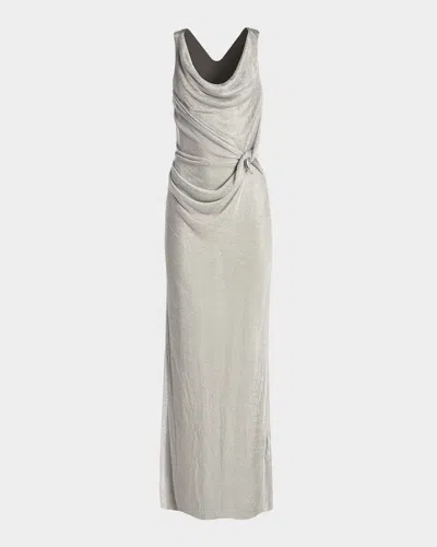 Kate Barton Draped Metallic Knit Column Gown In Gray