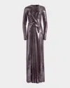 Kate Barton Long-sleeve Draped Sequin Gown In Gray