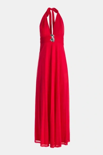 Kate Barton Plunge Neckline Mesh Halter Dress In Red