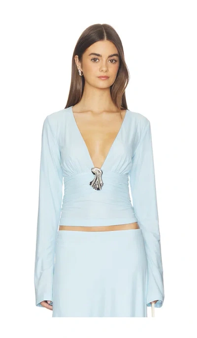 Kate Barton Plunging V Flared Sleeve Top In Blue