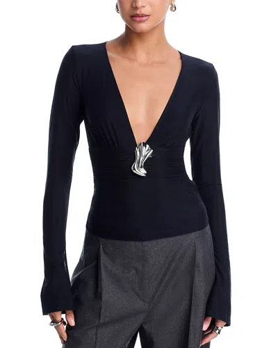 Kate Barton V Neck Brooch Top In Blue