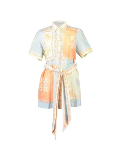 Kate Ford Floral Print Belted Shirt Dress In Blue