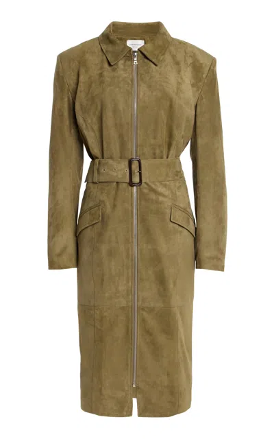 Kate Hundley Belted Suede Trench Coat In Green