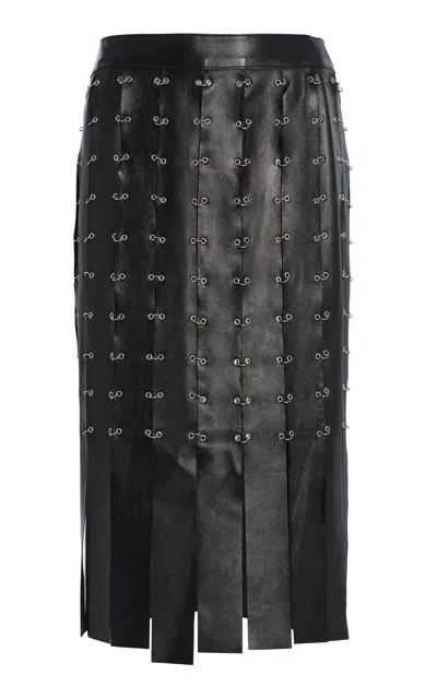 Kate Hundley Fringed Leather Midi Skirt In Black