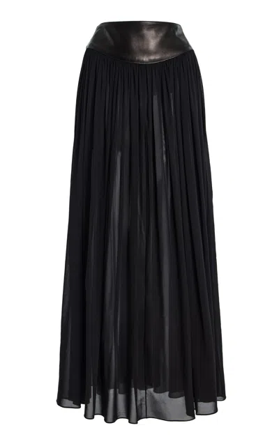Kate Hundley Pleated Silk-leather Maxi Skirt In Black