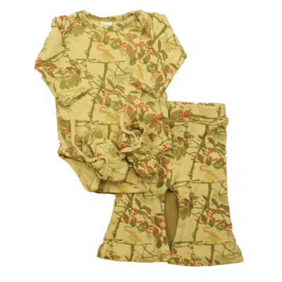 Pre-owned Kate Quinn Organics Kids' Girls Tan Floral Apparel Sets In Multi