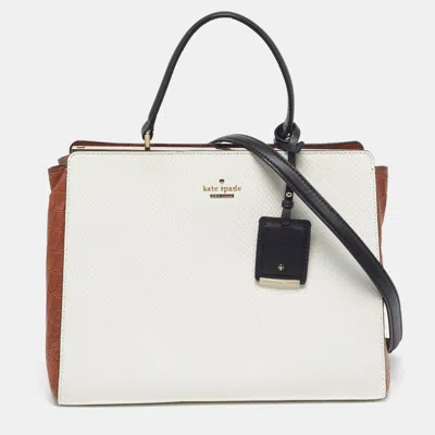 Pre-owned Kate Spade Angelika Pembrey Palace White/brown Croc And Snakeskin Embossed Leather Top Handle Bag