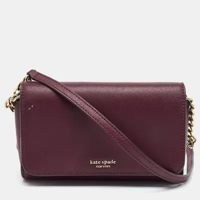 Pre-owned Kate Spade Ava Flap Burgundy Leather Wallet On Chain