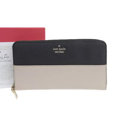 Pre-owned Kate Spade Beige Black Leather Long Wallet (bi-fold) () In Beige, Black