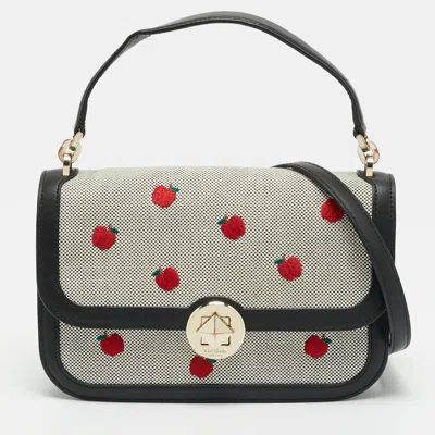 Pre-owned Kate Spade Black Audrey Apple Flap Canvas And Leather Top Handle Bag