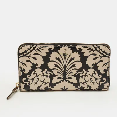 Pre-owned Kate Spade Black/beige Damask Print Leather Zip Around Continental Wallet